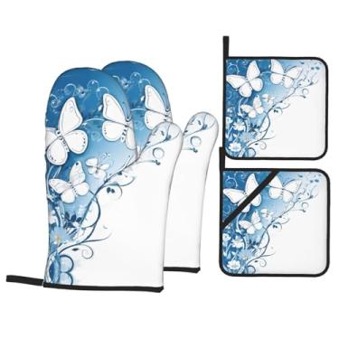 Imagem de Flores e borboletas - Conjunto de luvas de cozinha estampadas com suportes de tampa, luvas de forno resistentes ao calor para manusear panelas quentes, grelhar, churrascos, kit de 4 peças.