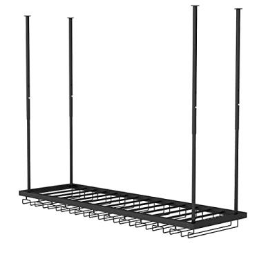 Imagem de APUM Rack de vinho para pendurar no teto, altura e largura ajustáveis, suporte de garrafa de teto de metal, suporte de armazenamento de vinho com prateleira de vidro, para bar