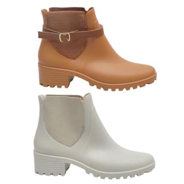 Imagem de Kit 2 Pares Bota Feminina Impermeável Confortável Leve (Caramelo e Branco, Medio, BR, Adulto, Faixa Numérico, 37, 38)