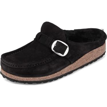 Imagem de Sandália feminina de camurça com fivela Birkenstock, Shearling Black, 7-7.5 Narrow