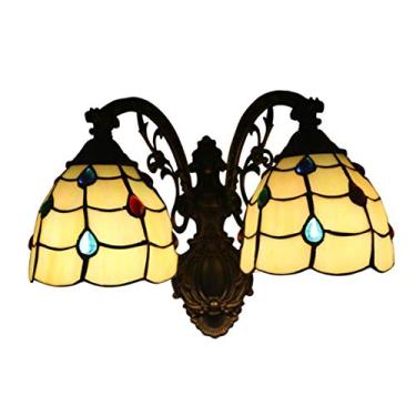 Imagem de Luminária de parede estilo Tiffany vintage com 2 braços, arandela nórdica com vitral, luz noturna para cabeceira, ideal para quarto, escadas, corredor e varanda.