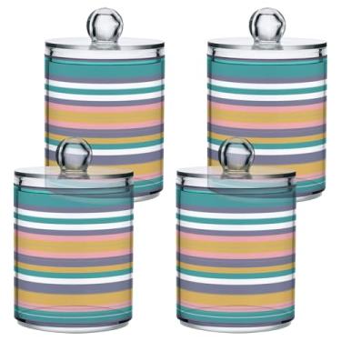 Imagem de STAYTOP 4 frascos de boticário Qtip para banheiro com etiquetas – Recipiente de armazenamento Qtip de plástico transparente acrílico para bola de algodão, cotonete, grãos de café - listras coloridas