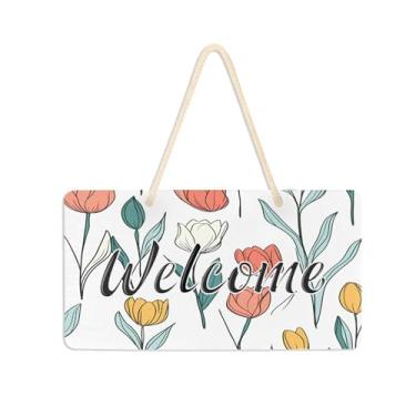 Imagem de Burbuja Placa de boas-vindas de tulipas fofas para porta da frente, placa de boas-vindas de PVC para pendurar na parede varanda casa de fazenda, decoração de feriados, 15 x 28 cm