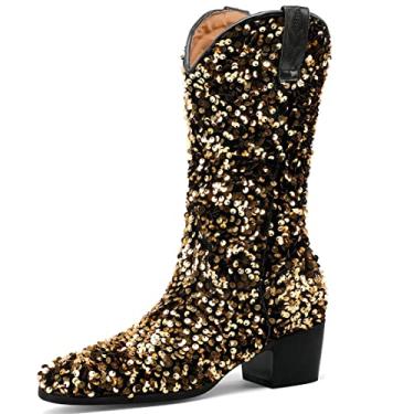 Imagem de KISSASA Botas de caubói brilhantes de lantejoulas até o meio da panturrilha com glitter para casamento e salto grosso, Dourado, 38