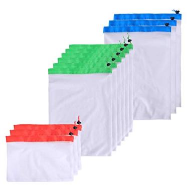 Imagem de Sacolas de Malha Reutilizáveis 12 UNID Mercearia Premium Laváveis com Bordas Reforçadas e Cordão Tração Multipropósito Ambientalmente Amigáveis Algodão Lavável à Máquina