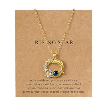 Imagem de Colar gargantilha requintado banhado a ouro 18K com pingente de golfinho e planeta de zircônia cúbica com tema de estrela espacial celestial, joia estética, presente romântico para adultos, Universal