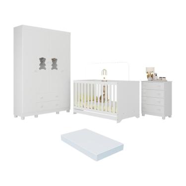 Imagem de Quarto De Bebê Completo Com Berço Americano 3 Em 1 Colchão Fofura Multimóveis MP4665 Branco