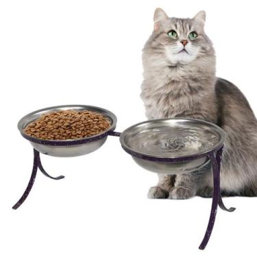 Imagem de Comedouro Duplo Alto Inox Pet para Gatos Ração e Agua PetGang: Roxo - 