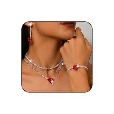 Imagem de WCRAZYE Conjunto de joias de coração de strass, colar com pingente de cristal de prata, brinco, pulseira para mulheres, casamento, noiva, Medium, Liga de aço, Sem Pedra Preciosa