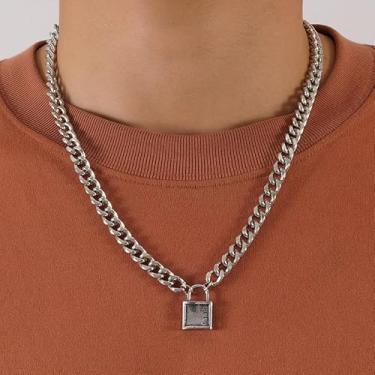 Imagem de Colar de corrente grossa ousada para homens com pingente de prata vintage, corrente de liga pesada, joia de estilo industrial retrô para moda urbana moderna e roupas da moda diária, Medium, Metal, Sem