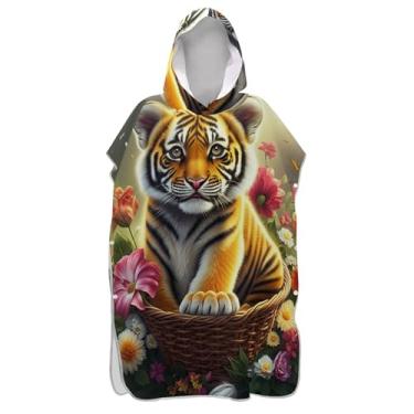 Imagem de Poncho de surfe reutilizável trocador roupão adulto praia com capuz toalha de banho tigre bonito colorido vívido masculino poncho com capuz