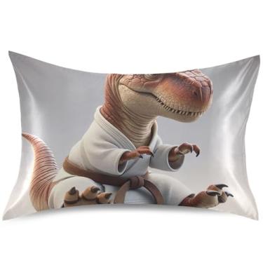 Imagem de Capas de travesseiro de cetim engraçadas de karatê de dinossauro, capas de travesseiro de resfriamento padrão King Queen, capa de travesseiro de cama macia, tamanho Queen, 76 cm x 50 cm