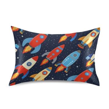 Imagem de Fronhas de cetim legais refrescantes impressão divertida King Queen padrão fronhas cama fronha tamanho queen 76.2 cm x 50.8 cm retrô foguetes azul