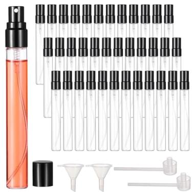 Imagem de 50 frascos de perfume de 10 ml – mini frascos de spray de vidro recarregáveis, recipientes portáteis de amostra de viagem, atomizadores de névoa fina com tampas, inclui 2 funis e 2 dispensadores