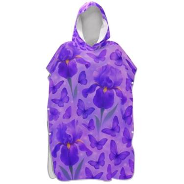 Imagem de Joisal Roupão para adultos, poncho de surfe, praia, banho com capuz, toalhas vestíveis, roxo, íris, flores, borboletas, roxas, ponchos de praia para homens