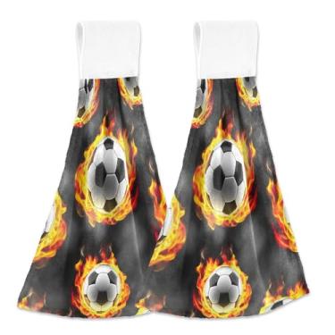 Imagem de Bolas de futebol legais toalhas de mão cinza fogo com laços para pendurar toalhas de gravata de forno personalizadas conjunto de 2 toalhas decorativas de cozinha fofas absorventes macias, 46 x 35 cm