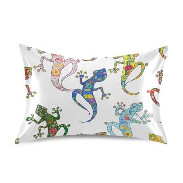Imagem de Fronhas Engraçadas Coloridas Lagartos Florais Branco Cetim King Queen Travesseiros Padrão Slips Cooling Bed Pillow Case Soft Queen Size 76.2 cm x 50.8 cm