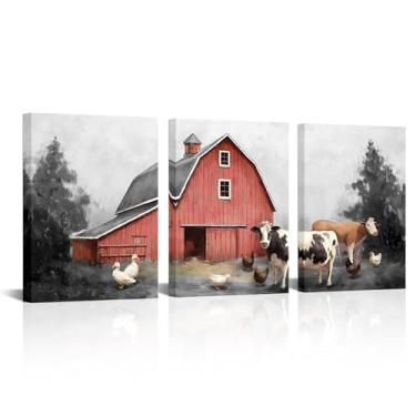 Imagem de LevvArts Arte de parede rústica de casa de fazenda pintura de celeiro vermelho imagens de animais de fazenda decoração de cena do país para cozinha, cada painel tem 30,5 x 40,6 cm