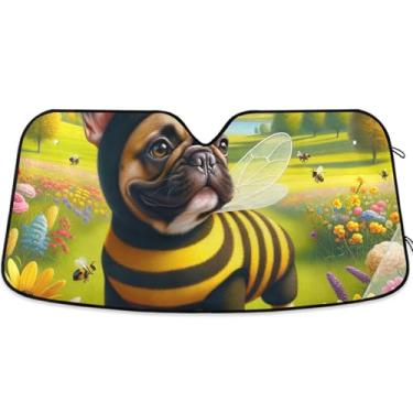 Imagem de Guarda-sol de carro floral personalizado engraçado buldogue abelha para-brisa dobrável para-brisa frontal impressão animal automotivo M, 139.7 cm x 70.1 cm