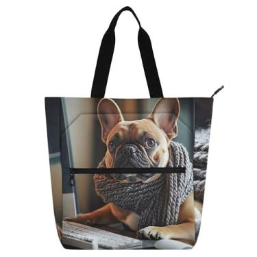 Imagem de GAIGEO Linda bolsa feminina de trabalho buldogue francês para trabalho em lona escolar bolsa carteiro bolsa carteiro com compartimentos