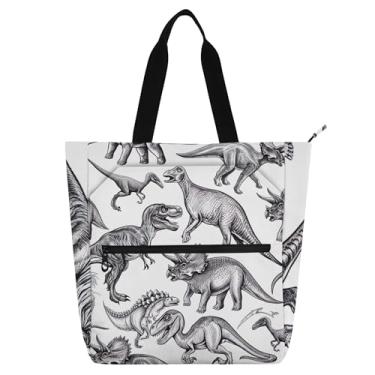 Imagem de Dinossauros vintage cinza branco bolsa de trabalho para mulheres lona praia livro bolsa zíper bolsas professores amantes de livros presentes