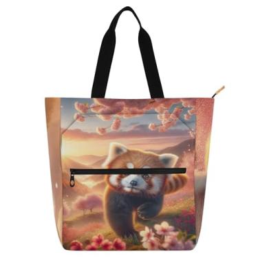 Imagem de GAIGEO Sacola Panda Vermelha Flor de Cerejeira para Crianças e Mulheres Zíper Trabalho Escolar Impressão Personalizada