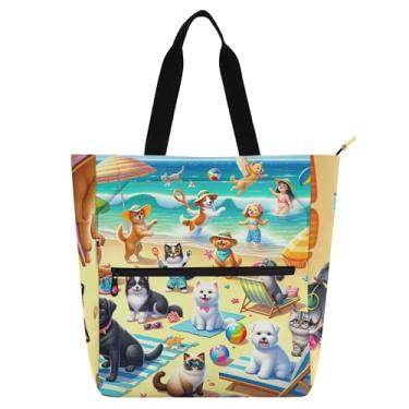 Imagem de GAIGEO Bolsa de lona para trabalho, férias, praia, cães, gatos, para mulheres, com zíper, bolsas para professores, amantes de livros