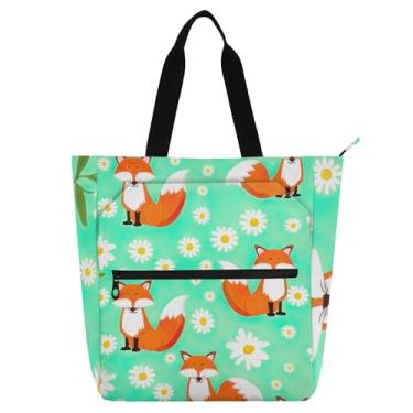 Imagem de GAIGEO Cute Foxes Daisies Mint Green Book Tote Bag para mulheres crianças escola reutilizável bolsa de lona com zíper bolsa de trabalho e viagem