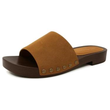 Imagem de TruFox Tamancos femininos de bico aberto de salto baixo com tachas, sandália de madeira sintética, sapatos vintage cravejados, Bronzeado, 36