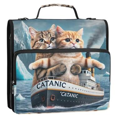 Imagem de Funny Cats Titanic Kitten 3 fichários com anel D de 3,8 cm com zíper, bolsa escolar com alça de ombro, estojo de armazenamento com alça de ombro e alça