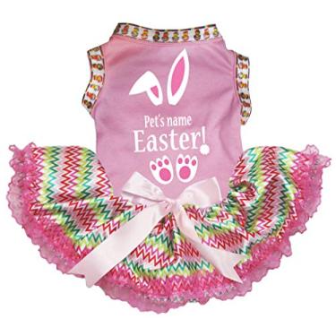 Imagem de Petitebella Personalize a camiseta de algodão com orelhas de coelho da páscoa vestido para cachorro (rosa/arco-íris chevron renda, 3GG)