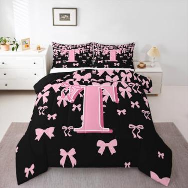 Imagem de jejeloiu Conjunto de cama com laço fofo para meninos e meninas, com letra T, King, preto, rosa, coquete, laço, edredom com monograma, decoração de quarto, 3 peças com 2 fronhas