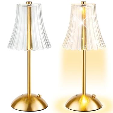 Imagem de Bornerwhite Candeeiro de mesa sem fio, dourado, sem fio, operado por bateria, recarregável, 3 cores, regulável, lâmpada de flores portátil de LED para quarto, sala de estar, cozinha, jantar ao ar