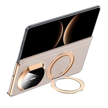 Imagem de POYUFRG Capa de couro genuíno para Huawei Mate X7, capa galvanizada com proteção de dobradiça de lente com tudo incluído, capa galvanizada com anel magnético, branca, Mate X7