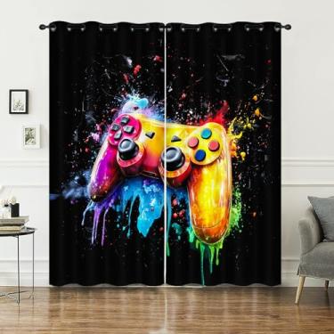 Imagem de AILONEN Cortina de janela de videogame, 107 cm L x 160 cm A, cortinas de janela com estampa de controle de jogo para decoração de quarto e sala de estar, cortina colorida para jogadores para crianças