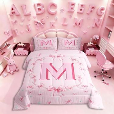 Imagem de Erosebridal Jogo de cama estilo princesa rosa, letra M, fofo, kawaii, pérola, bwoknot, tamanho Queen, para crianças, meninas, adolescentes, mulheres, romântico, chique, com laço, edredom