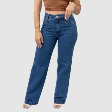 Imagem de Calça Jeans Wide Leg Pantalona Estilosa Cintura Alta Com Bolsos Casual