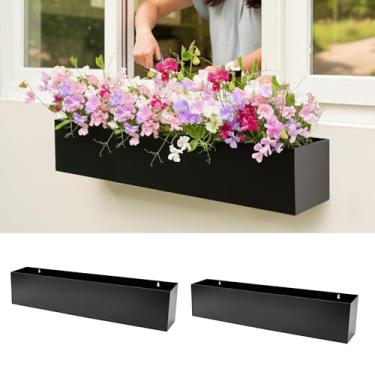 Imagem de Plantadores de parede LaLaGreen (76 cm, pacote com 2) vasos de flores pendurados de metal preto de aço carbono ao ar livre para suculentas, suporte de parede retangular longo para peitoril de janela
