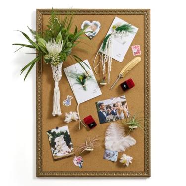 Imagem de FOLKOR Quadro de cortiça 45 x 61 cm para notas, fotos, cartões postais, lembretes, artesanato DIY, galeria de arte, quadro de avisos decorativo de parede com moldura vintage ornamentada em ouro