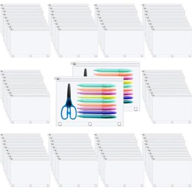 Imagem de Lincia Pacote com 100 bolsas transparentes para fichário de 3 anéis, estojo com zíper de metal, 3 anéis, bolso para fichário, bolsa de 25 x 18 cm, envelope visível para dinheiro com ilhós reforçados