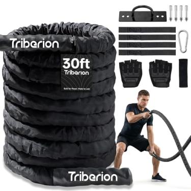 Imagem de Corda de batalha para treino de ginástica em casa – Cordas pesadas de 3 cm e 9 metros, equipamento de fitness com manga e kit de alça de âncora para malhar ao ar livre