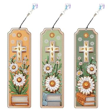 Imagem de LazyFold 3 peças de pintura de arte de diamante kits de marcadores de livro para adultos, pequenas margaridas, marcadores de página com pingente, arte de pedra 5D, marcador de página acrílico, fácil