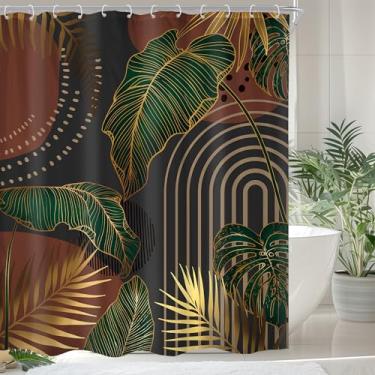 Imagem de Cinbloo Cortina de chuveiro verde Boho 60Wx72H Meados do Século Tropical Monstera Esmeralda Ouro Folha de Palmeira Planta Simples Verão Moderno Abstrato Conjunto de Cortina de Banheiro Minimalista