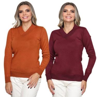 Imagem de Kit 2 Blusas Tricot Gola V Moda Casul Inverno 2024 - SP/CXX, Ferrugem,