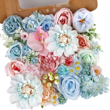 Imagem de LELEE Conjunto de caixa de flores artificiais flores de seda peônia rosa falsa para arranjos florais DIY buquês de casamento centros de mesa decoração de casa chá de bebê festa (azul rosa)