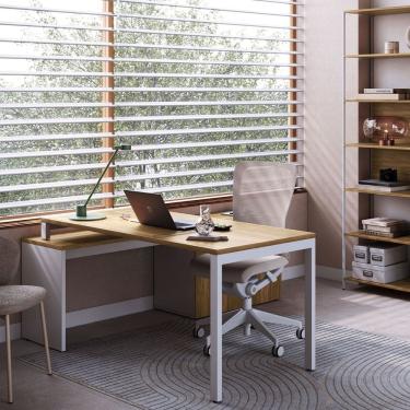 Imagem de Mesa para Escritório 160cm com Balcão Lateral Porta e 3 Gavetas com Chave Industrial Executive Nogal /Branco