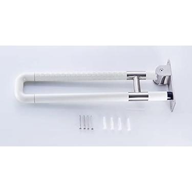 Imagem de Barras de apoio para banheiras e chuveiros, barra de apoio de vaso sanitário dobrável de aço inoxidável em forma de U, corrimão de estrutura de aço montada na parede, estrutura de nylon branco