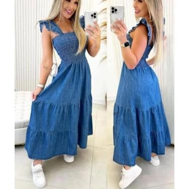 Imagem de Vestido longo jeans, alça babado com elastex nas Costa - LOJAGATAS E G