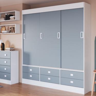 Imagem de Guarda Roupa Solteiro 3 Portas de Correr 6 Gavetas Móveis Percasa Branco/Azul