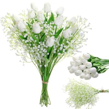 Imagem de Janinka 32 peças de flores artificiais para o hálito do bebê, incluindo rosas falsas, tulipas, buquê de casamento, flores de seda falsa realistas para decoração de mesa de casa, férias e casamento